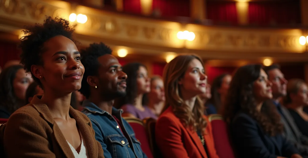 Spectateurs émerveillés dans un théâtre historique de Londres avec architecture dorée