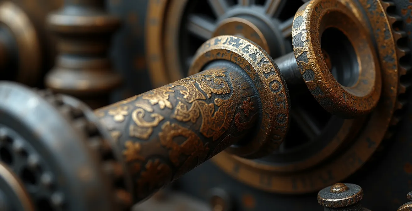 Détail des mécanismes hydrauliques victoriens du Tower Bridge avec textures métalliques