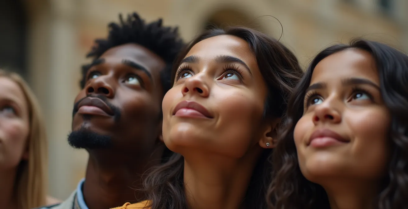 Visages expressifs de visiteurs captivés écoutant un récit