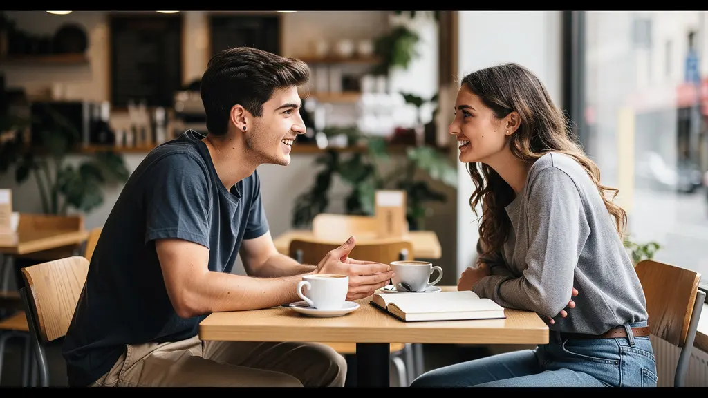 Deux étudiants européens discutant dans un café style Melbourne pour immersion linguistique